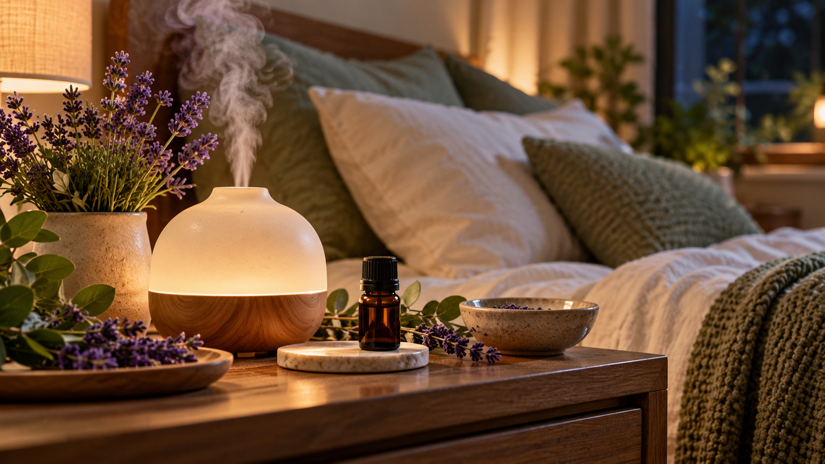 Aromatherapy diffuser with lavender beside a bed in a calm nighttime setting