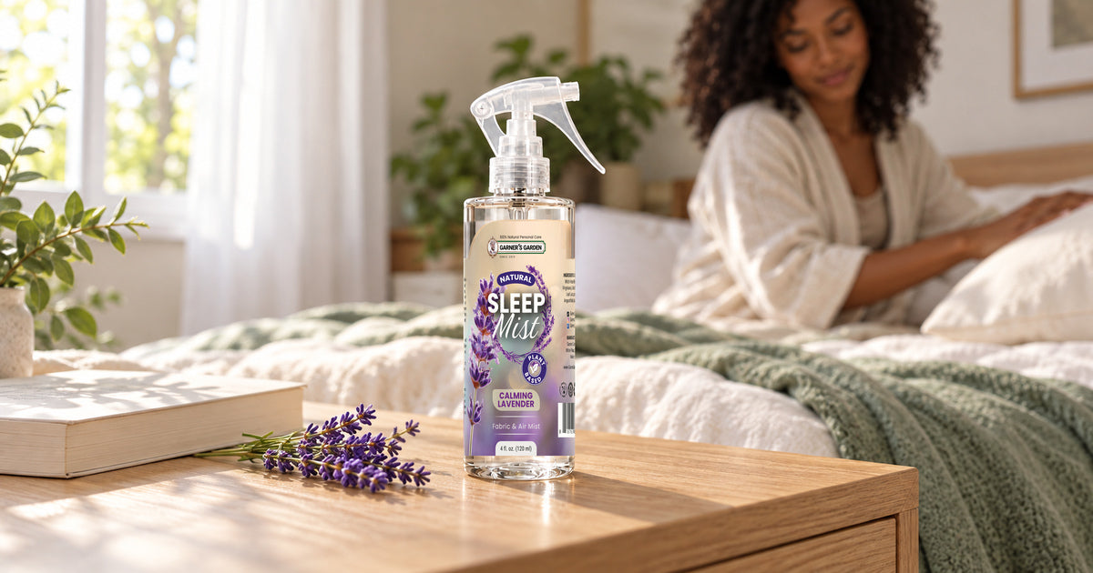 Garner’s Garden Natural Sleep Mist on a bedside table in a softly sunlit bedroom.