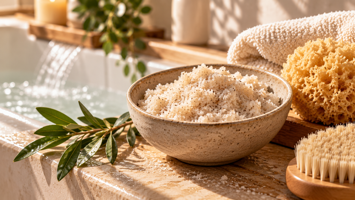 Body exfoliation spa scene with scrub, towel, sponge and dry brush