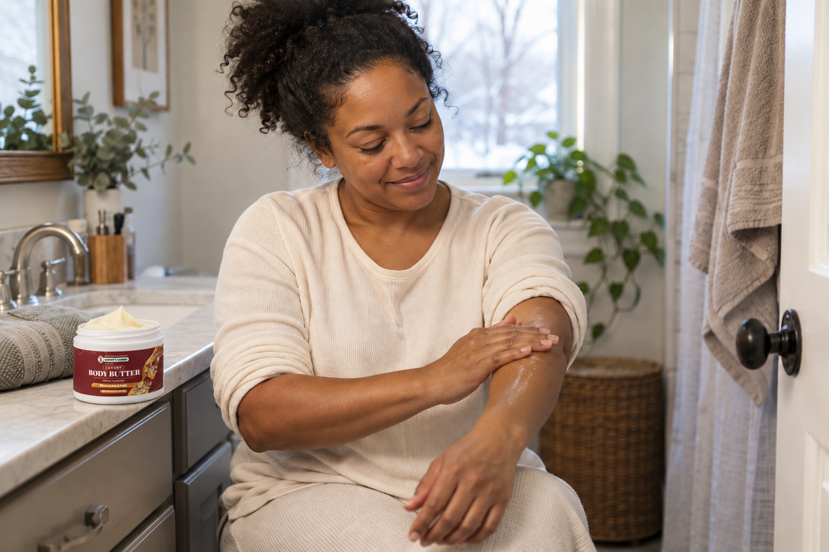 Woman moisturizing her forearm with Garner’s Garden Frankincense body butter on the bathroom counter.