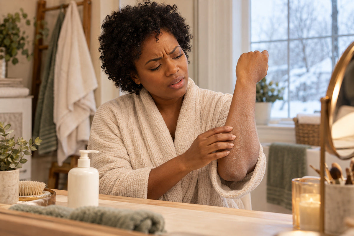 A puzzled woman examines visibly dry, ashy skin on her forearm beside a lotion bottle in a winter bathroom.