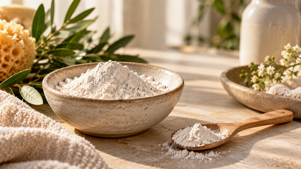 Kaolin clay powder in a ceramic bowl with a wooden scoop and botanical spa setting